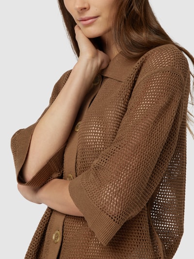Marc O'Polo Strickbluse aus Baumwoll-Leinen-Mix mit Umlegekragen Mittelbraun 3