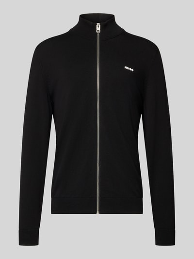 Productfoto, Regular Fit Gebreid jack uit puur katoen Model 'SAN JACOMO' van HUGO, look: effen zwart, ritssluiting, schipperskraag, labelstitching, lange mouw, mouwboord en rompzoom geribd, materiaalverwerking: knitwear, materiaal: puur katoen.