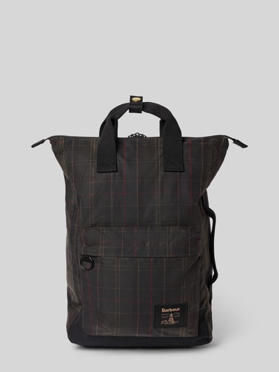 Produktfoto, Rucksack aus reiner gewachster Baumwolle von Barbour, dunkles Karomuster mit roten Linien, strukturierte Stoffoberfläche, Herren Rucksack von Barbour