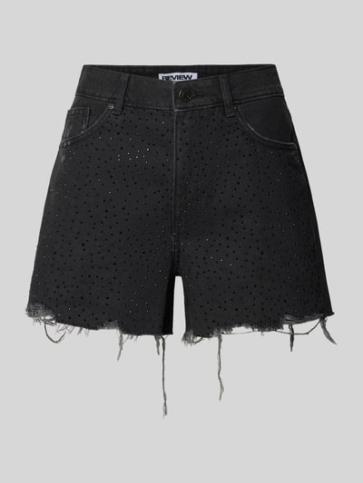 Produktfoto, schwarze Regular Fit Jeansshorts aus reiner Baumwolle von REVIEW mit 5-Pocket-Design, Strasssteinbesatz und Destroyed-Look.