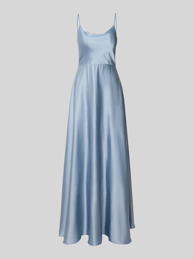 Produktfoto, Abendkleid mit Spaghettiträger und tiefem Rückenausschnitt von Laona aus hellblauem Satin, taillierter Schnitt, Maxikleid, Wasserfall-Ausschnitt, rückseitiger Reißverschluss, Rückenlänge 159 cm, Brustweite 31 cm.