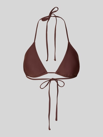 Produktfoto, Bikini-Oberteil mit rückseitiger Schnürung Modell 'BAOMI' von Pieces in Braun, Optik:Unifarben, Trägerform: Neckholder, Bügellos, Cup-Detail: Gefüttert, Herausnehmbare Cups, Verschluss(Oberteil): Schnürverschluss.