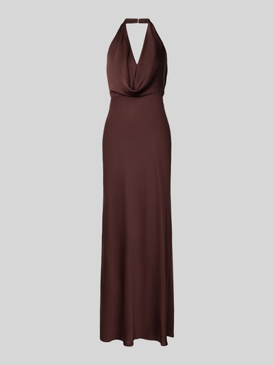 Produktfoto, Neckholder-Abendkleid aus Satin Modell 'Becca' von Forever New, taillierter Schnitt, Maxikleid, braune Satin-Optik