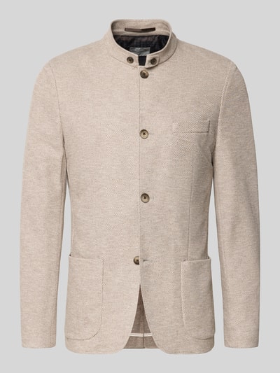 Produktfoto, Slim Fit Sakko mit Stehkragen von Roy Robson, mieszanka bawełny, krój slim fit, listwa guzikowa, nakładane kieszenie, długość tyłu w rozmiarze 50: 76 cm, szerokość ramion w rozmiarze 50: 44 cm, długość rękawów w rozmiarze 50: 68 cm, beżowy kolor, widoczna tekstura tkaniny