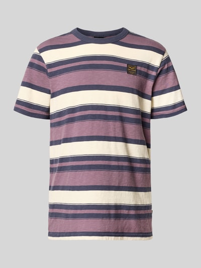Produktfoto, T-Shirt mit Rundhalsausschnitt und Label-Stitching von PME Legend in Lila, Beige und Dunkelblau mit Streifenmuster, reine Baumwolle, Regular Fit, Rückenlänge 74 cm bei Größe M