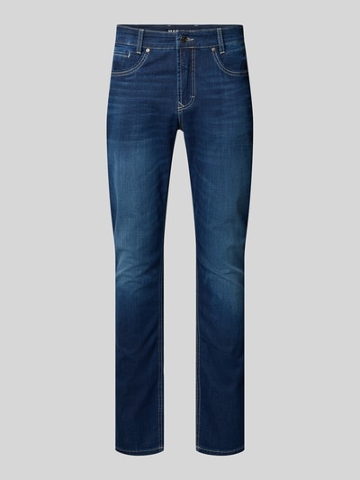 Productfoto, Straight Fit Jeans aus Baumwoll-Mix van MAC, donkerblauw met contrasterende stiksels, 5-pocket, knoop- en ritssluiting, labelpatch, katoen-elastaan mix, taillewijdte 43 cm en binnenbeenlengte 85 cm bij maat 32/32.