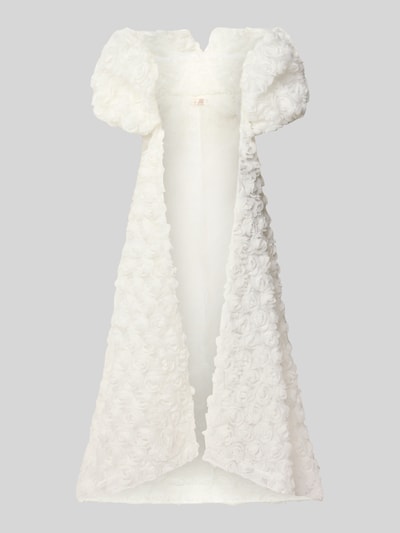Produktfoto, Abendkleid mit Puffärmeln und floralen Applikationen von LUXUAR FASHION, Maxikleid in Weiß mit strukturierter, blütenartiger Textur, offene Front, Rückenlänge 151 cm, Brustweite 31 cm, Ärmellänge 22 cm.