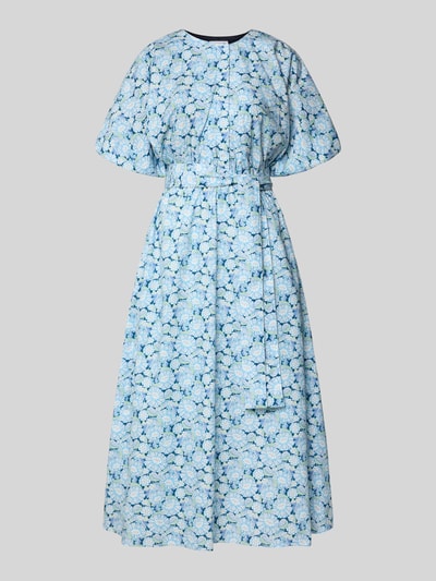 Produktfoto, Midikleid mit Rundhalsausschnitt und Bindegürtel von Rich & Royal, niebiesko-biały wzór na całej powierzchni, czysta bawełna, krój slim fit, długość pleców w rozmiarze 36: 127 cm, szerokość w rozmiarze 36: 30 cm, długość rękawa w rozmiarze 36: 38 cm.