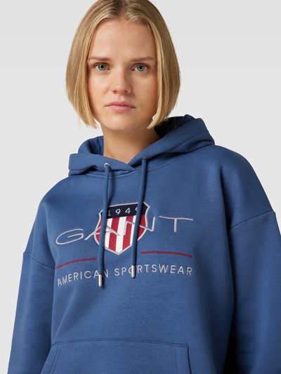 Gant Hoodie met labelstitching en kangoeroezak Rookblauw - 3