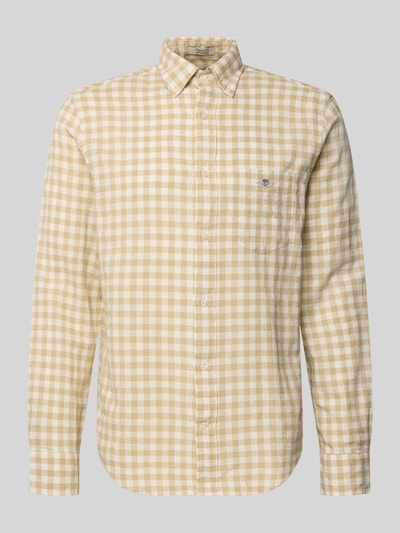 Produktfoto, Regular Fit Leinenhemd mit Baumwoll-Anteil Modell 'GINGHAM' von Gant, żółto-biała krata, długi rękaw, kołnierzyk button-down, kieszonka na piersi z logo, zaokrąglony dół, długość tyłu w rozmiarze M: 66 cm, szerokość w rozmiarze M: 46 cm, długość rękawa w rozmiarze M: 64 cm, mieszanka lnu i bawełny