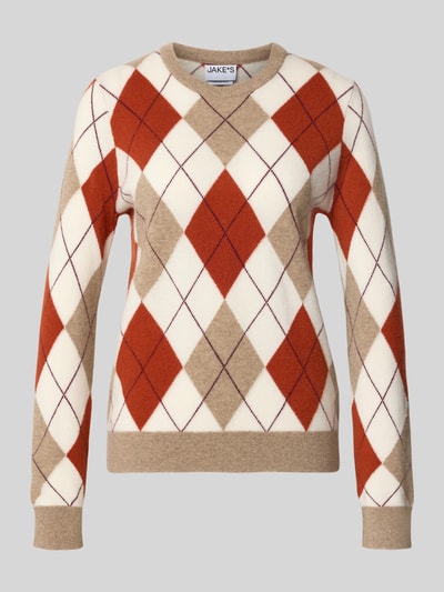 Produktfoto, Regular Fit Pullover aus reinem Kaschmir von Jake*s Casual in Beige, Braun und Weiß mit Rautenmuster und weicher Textur.