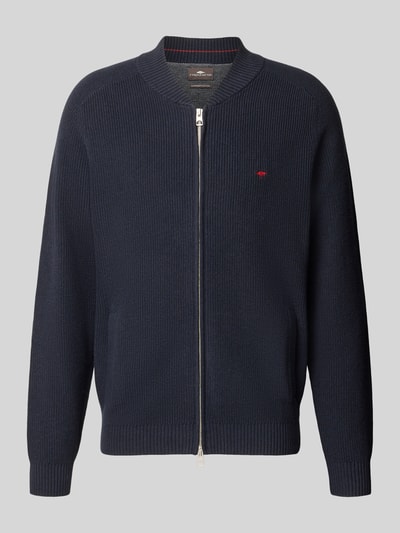 Produktfoto, Strickjacke mit Zweiwege-Reißverschluss und Label-Stitching von Fynch-Hatton in Dunkelblau, reine Baumwolle, Regular Fit, Stehkragen, leicht strukturierte Oberfläche