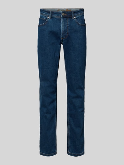 Produktfoto, Regular Fit Jeans im Used-Look von Christian Berg Men, mieszanka bawełny z dodatkiem streczu, krój regular fit, efekt znoszenia, wpuszczane kieszenie, szerokość w rozmiarze 32/32: 43 cm, długość wewnętrzna nogawki 83 cm