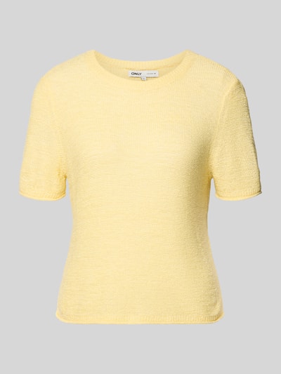 Produktfoto, Regular Fit Strickpullover mit kurzen Ärmeln Modell 'SUNNY' von Only in unifarbenem Gelb, rundhals, gerippte Rollsäume, Seitenschlitze, Stricktextur