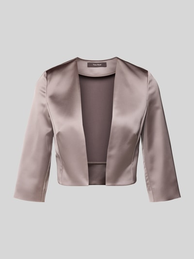 Produktfoto, Kurzblazer mit offener Vorderseite von Vera Mont, Damen Mode, Material-Mix mit Stretch-Anteil, Gerader-Schnitt, 3/4-Arm, Rückenlänge 41 cm bei Größe 36, glatte glänzende Textur in sanftem Taupe-Ton.