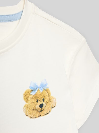Productfoto, Regular Fit T-Shirt uit pure biologische katoen model 'MARINA LIFE' van Only, effen, korte mouw, ronde hals, opdruk met beer en blauw strikje, kindermode.