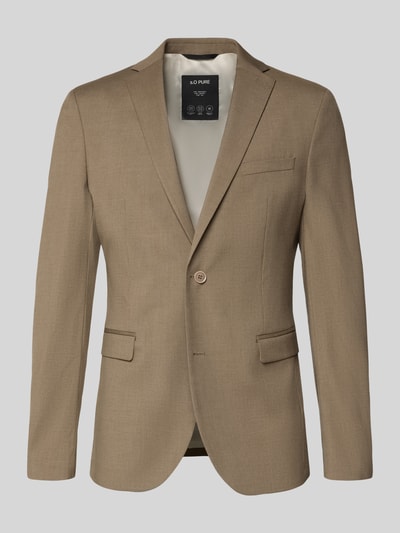 Produktfoto, Slim Fit Sakko mit Viskose-Anteil von s.Oliver BLACK LABEL in Optik: Unifarben, Melange, mit Reverskragen, 2-Knopf-Verschluss, Langarm, Kissing Buttons, Rumpfabschluss mit Seitenschlitzen, Innentaschen, Brusttasche, Pattentaschen, Label-Stitching-Applikation, feine glatte Textur.