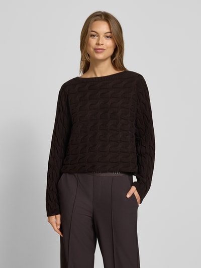 Oui Gebreide pullover met kabelpatroon en ronde hals Donkerbruin - 4