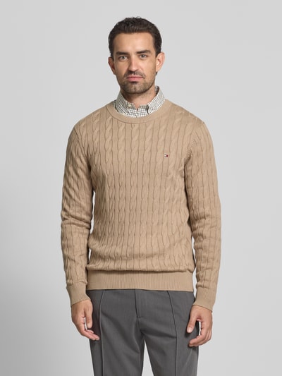 Tommy Hilfiger Regular fit gebreide pullover van zuiver katoen Taupe - 4