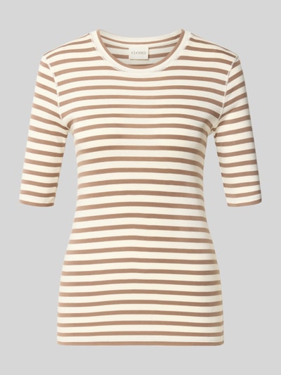 Produktfoto, Skinny Fit T-Shirt mit Rundhalsausschnitt von Closed, gestreift in Beige und Weiß, Halbarm, Baumwoll-Modal-Mix, neutrale Struktur