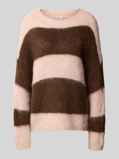 Produktfoto, Relaxed Fit Strickpullover aus Woll-Mix mit Viskose-Anteil von Emily Van den Bergh, Streifen-Muster in Beige und Braun, gerippte Abschlüsse, weiche Textur, Damen Strickpullover