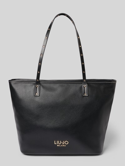 Produktfoto, Tote Bag mit Logo-Applikation Modell 'Evrim' von Liu Jo White, schwarze strukturierte Oberfläche, breite Form, goldene Details.