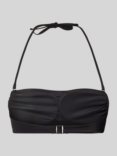 Produktfoto, schwarzes Bikini-Oberteil mit Label-Schriftzug Modell 'PURE BANDEAU' von HUGO, unifarbene glatte Textur, Neckholder, Klickverschluss