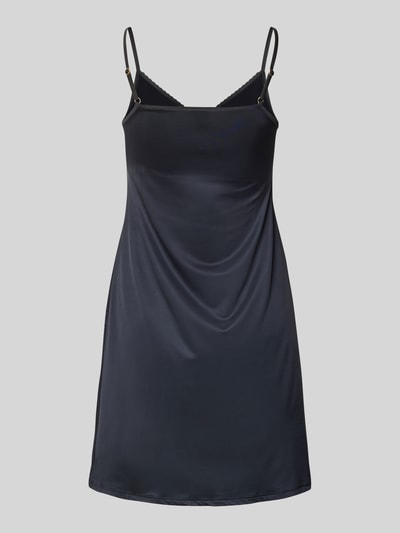Produktfoto, Knielanges Unterkleid in glänzendem Satin mit Picot-Besatz von Hanro, dunkelblau, Viskose-Elasthan-Mix, lockerer Schnitt, Herz-Ausschnitt.
