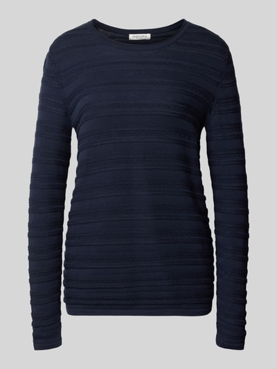Produktfoto, Regular Fit Pullover aus reiner Baumwolle in Strick-Optik von Christian Berg Woman, dunkelblau, Rundhalsausschnitt, semitransparent, horizontale Streifenstruktur
