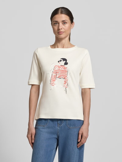 Vrouwenmodel draagt Regular Fit T-shirt uit puur katoen van s.Oliver BLACK LABEL, look: effen kleuren, motiefprint, ronde hals, korte mouw, jersey materiaalverwerking, voorkant volledig lichaam