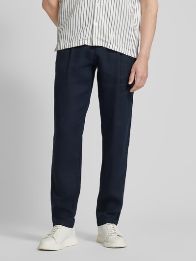 Marc O'Polo Tapered fit linnen broek met bandplooien, model 'Osby' Donkerblauw - 4