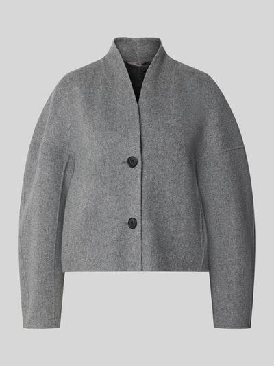 Produktfoto, grijze wollen jacks met opstaande kraag, knoopsluiting en siernaad, los model, Style Icon Collection, ruglengte maat 36: 52 cm, schouderbreedte: 45 cm, borstwijdte: 44 cm, mouwlengte: 39 cm