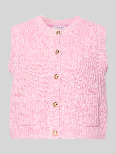 Produktfoto, Strickweste Melange Effekt mit Schmuckknopf von Christian Berg Woman in Rosa, grob gestrickt, Rundhalsausschnitt, Eingrifftaschen, gerippte Abschlüsse