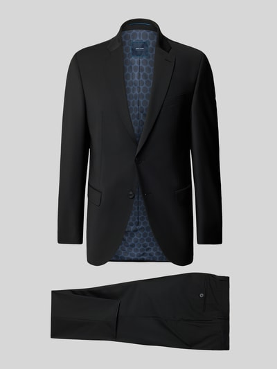 Produktfoto, schwarzer Slim Fit Anzug mit 2-Knopf-Sakko Modell 'Grant' von Pierre Cardin aus Material-Mix mit Schurwoll-Anteil, glatte Oberfläche, Reverskragen, Pattentaschen, Anzughose mit Bügelfalten, dezentes Innenfutter.