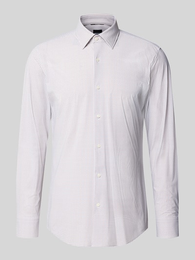 Produktfoto, Slim Fit Businesshemd mit Kentkragen Modell 'P-HANK-K_261' von BOSS, geometrisches Allover-Muster, weiße Grundfarbe, Stretch-Material, durchgehende Knopfleiste, lange Ärmel mit Sportmanschette, abgerundeter Saum.
