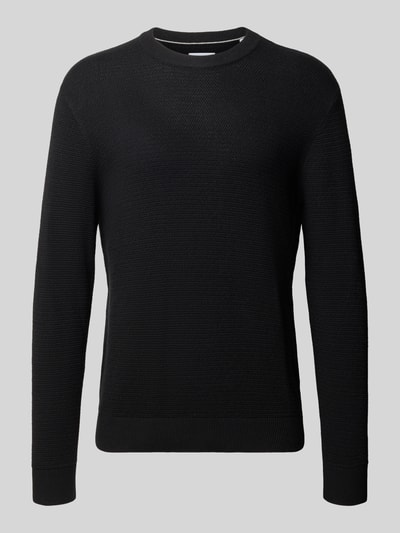 Produktfoto, Strickpullover aus reiner Baumwolle Modell 'Ryder' von JACK & JONES, Slim Fit, schwarze Strick-Optik mit Rundhalsausschnitt, gerippte Abschlüsse, Label-Logo.