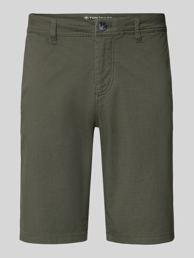 Produktfoto, Slim Fit Chinoshorts aus Baumwoll-Mix von Tom Tailor in Grün, Optik:Allover-Muster, feines Webmuster, Materialverarbeitung: Twill.