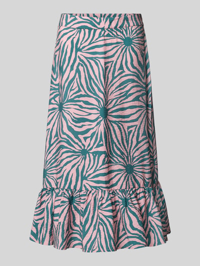 Produktfoto, Midirock aus Viskose-Mix mit floralem Allover-Print von Christian Berg Woman, Rosa-Grün, A-Linie, Volant-Saum, Leicht, Damen, Bundweite 41 cm, Gesamtlänge 80 cm, florale Musterstruktur