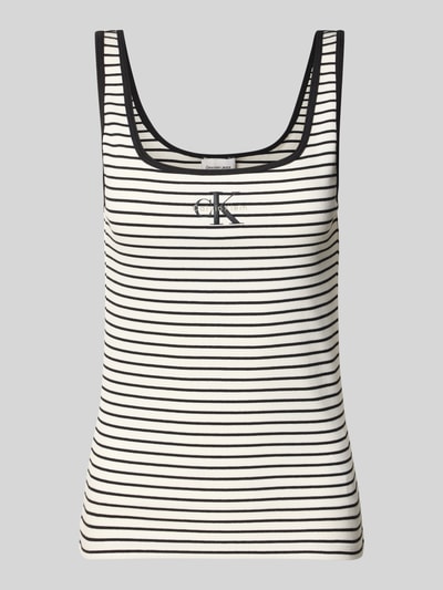 Produktfoto, Trägertop in Ripp-Optik mit Logo von Calvin Klein Jeans im Slim-Fit aus Baumwoll-Elasthan-Mix, weiß mit schwarzen Streifen.