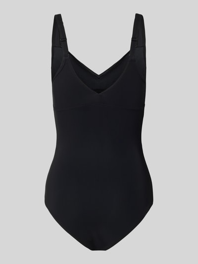 Produktfoto, Badeanzug mit Shaping-Effekt und V-Ausschnitt Modell 'Vertigo' von Arena in Schwarz, glatte Struktur, Logo-Print, verstellbare Träger, Material mit Sensitive® Fabrics, Shapewear, schnelltrocknend, chlorbeständig, UV-Schutz, höchster Tragekomfort.