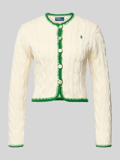 Produktfoto, Regular Fit Sweatjacke aus Baumwoll-Mix von Polo Ralph Lauren, Optik: Unifarben, Strick mit grünem Rand, Logo-Stitching, Langarm