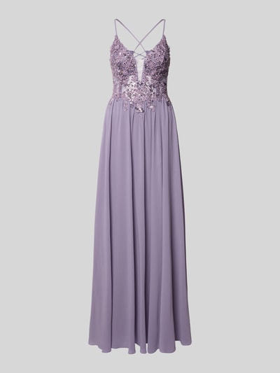 Produktfoto, Abendkleid mit Spitze und Strasssteinbesatz von Mascara in Flieder, Chiffon, A-Linie, Maxikleid, V-Ausschnitt, Rückseitige Spaghettiträger, Schnürung, Haken- und Reißverschluss, Rückenlänge Größe 36: 132 cm, Brustweite 40 cm.