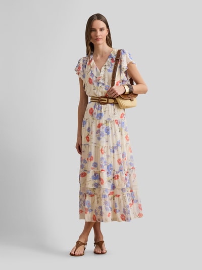 Kobiece modelka nosi Tailliertes Midikleid mit Volants von Lauren Ralph Lauren, Wzór na całej powierzchni, taliowany krój, długość midi, dekolt w serek, falbany, wiązany pasek, widok całej sylwetki z przodu.