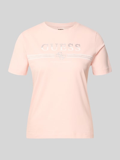 Produktfoto, T-Shirt mit Strasssteinbesatz Modell 'SIENA' von Guess, hellrosa, Logo-Print, Baumwoll-Mix mit Stretch, gerader Schnitt, Rundhalsausschnitt