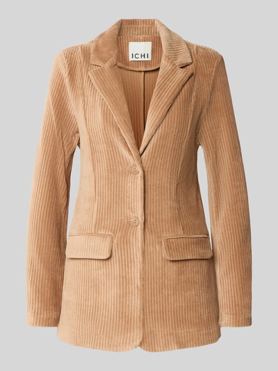 Produktfoto, beiger Slim Fit Blazer aus Cord Modell 'TAMARY' von ICHI, Baumwoll-Mix mit Reverskragen und Pattentaschen, strukturierte Oberfläche