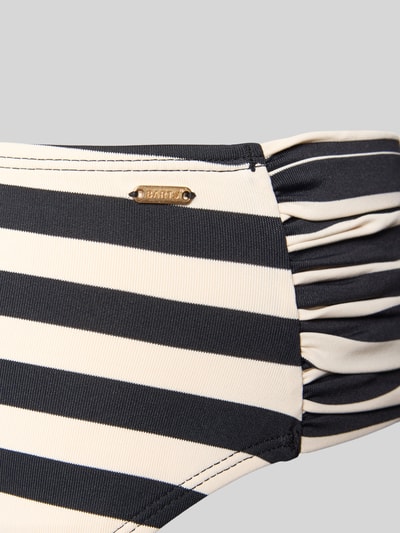 Produktfoto, Mid Waist Bikini-Slip mit Label-Detail Modell 'Yadbor' von Barts im Streifenmuster, Material-Mix mit Stretch-Anteil, seitliche Raffungen.