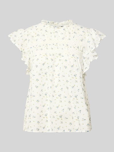 Produktfoto, Regular Fit Blusentop aus reiner Baumwolle Modell 'TRINE' von Vero Moda, biała popelinowa koszulka damska, krój regular fit, rüschenkragen, drobny wzór w kropki, falbanki i plisowania, okrągły dekolt, zapięcie na guzik, krótki rękaw