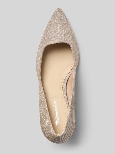 Produktfoto, Pumps mit Glitzerbesatz von Tamaris in Hellgold mit spitzer Form, feiner Struktur und schimmernder Oberfläche