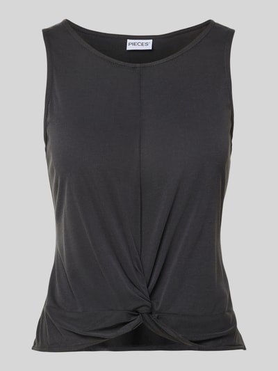 Produktfoto, graues Regular-Fit Top aus Viskose-Mix Modell 'ANORA' von PIECES, Damen Top, glatte Oberfläche, mittig geknotet