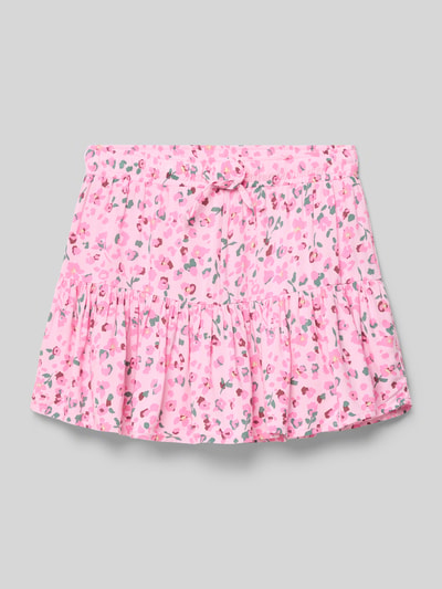 Productfoto, Ausgestellter Mini-Rock aus reiner Viskose Modell 'ZALINA' van Only, roze popeline met all-over bloemenprint, elastische taille, kinder mini, pure viscose, floral motief.
